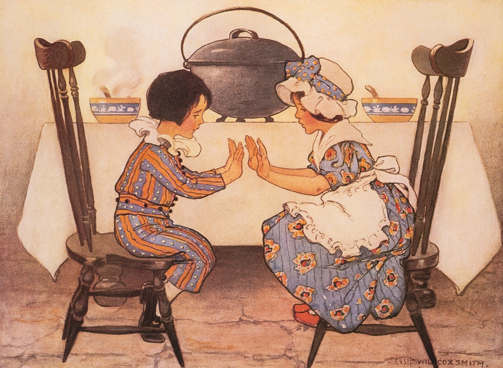 「マザー・グース 挿絵 #13 （熱いそら豆のスープ、冷たいそら豆のスープ）」 ジェシー・ウィルコックス・スミス | マザー・グースより