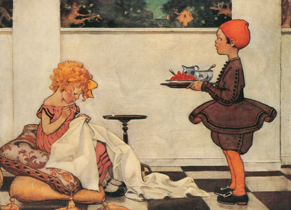 「マザー・グース 挿絵 #17 （くるくる巻き毛のおじょうさん、僕のお嫁さんになって下さいませんか？）」 ジェシー・ウィルコックス・スミス | マザー・グースより