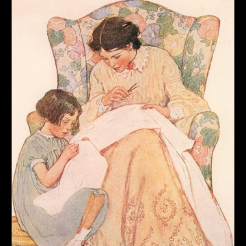 「When Christmas Comes Around 挿絵 #1 （エリザベスは足元の小さな籐の足のせ台に座っていました。）」 ジェシー・ウィルコックス・スミス