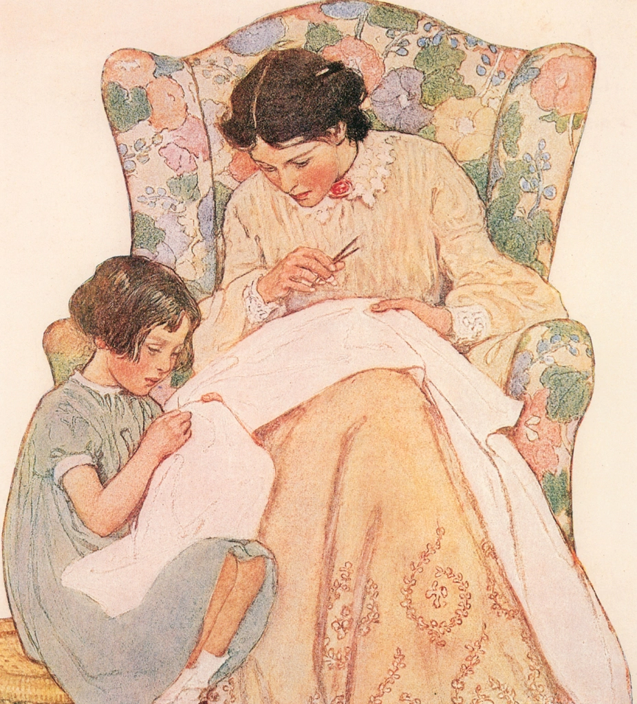 「When Christmas Comes Around 挿絵 #1 （エリザベスは足元の小さな籐の足のせ台に座っていました。）」 ジェシー・ウィルコックス・スミス | Jessie Willcox Smith: American Illustratorより