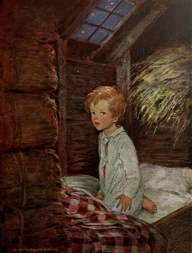 「北風のうしろの国へ 挿絵 #1 （彼は耳を当てると、はっきりとその声を聞いた。）」 ジェシー・ウィルコックス・スミス | 北風のうしろの国へより