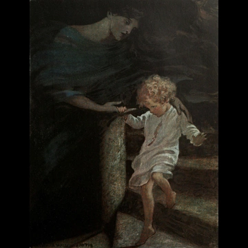 「北風のうしろの国へ 挿絵 #3 （彼女は彼の手を取り、螺旋階段の広い部分を歩かせるようにして、かなり下まで彼を導いた。）」 ジェシー・ウィルコックス・スミス