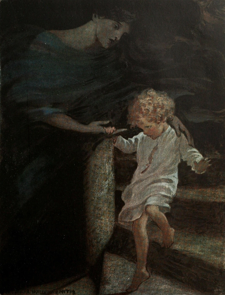 「北風のうしろの国へ 挿絵 #3 （彼女は彼の手を取り、螺旋階段の広い部分を歩かせるようにして、かなり下まで彼を導いた。）」 ジェシー・ウィルコックス・スミス | 北風のうしろの国へより