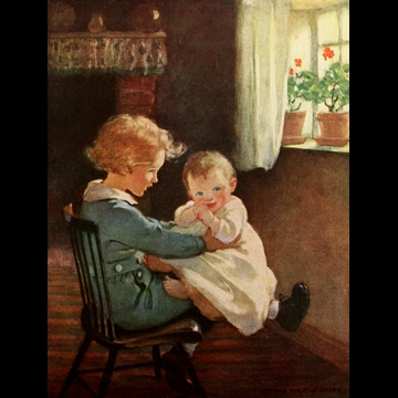 「北風のうしろの国へ 挿絵 #6 （そこでダイヤモンドは再び腰を下ろし、赤ちゃんを膝の上に抱いた。）」 ジェシー・ウィルコックス・スミス