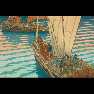 「ブルターニュ風景 トレブルのいわし漁船の出帆」 アンリ・リヴィエール （1893-1914年）
