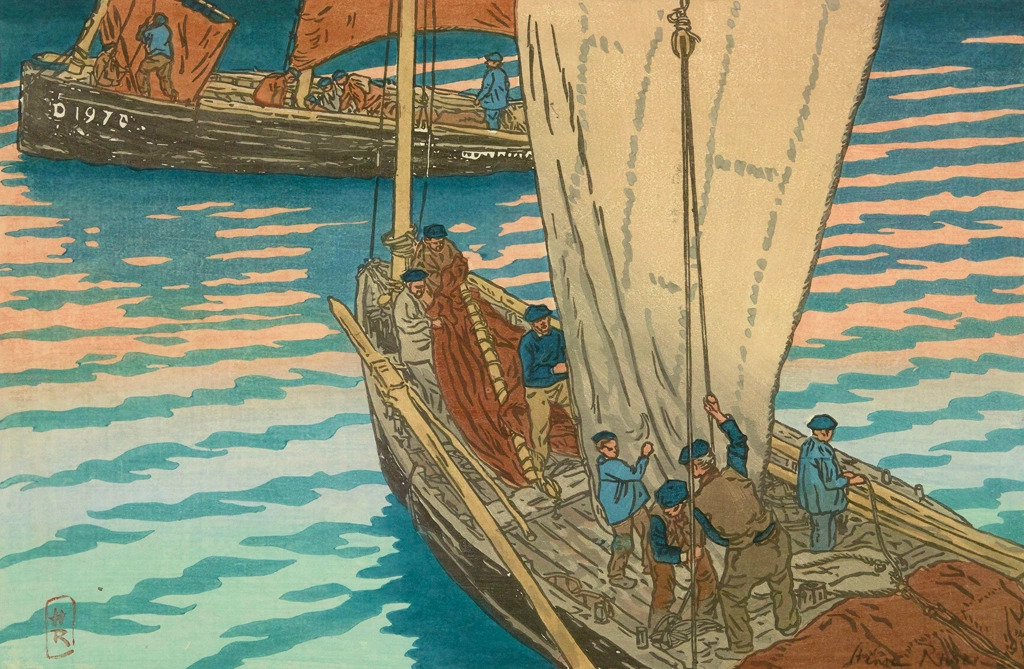「ブルターニュ風景 トレブルのいわし漁船の出帆」 アンリ・リヴィエール （1893-1914年） | 1