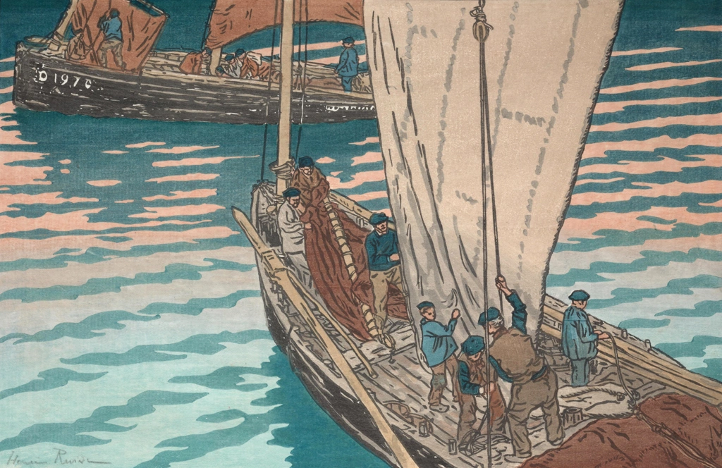 「ブルターニュ風景 トレブルのいわし漁船の出帆」 アンリ・リヴィエール （1893-1914年） | 3