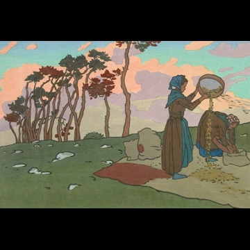 「ブルターニュ風景 唐箕を使う女たち（ロギヴィ）」 アンリ・リヴィエール （1893-1914年）