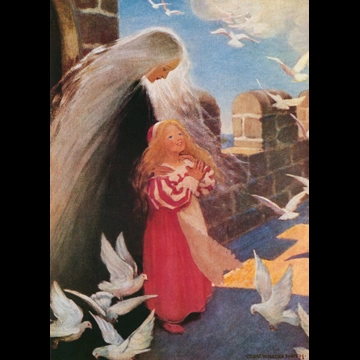 「お姫さまとゴブリンの物語 挿絵 #2 （彼女は嬉しそうに手を叩くと、羽ばたきが激しく起こった。）」 ジェシー・ウィルコックス・スミス