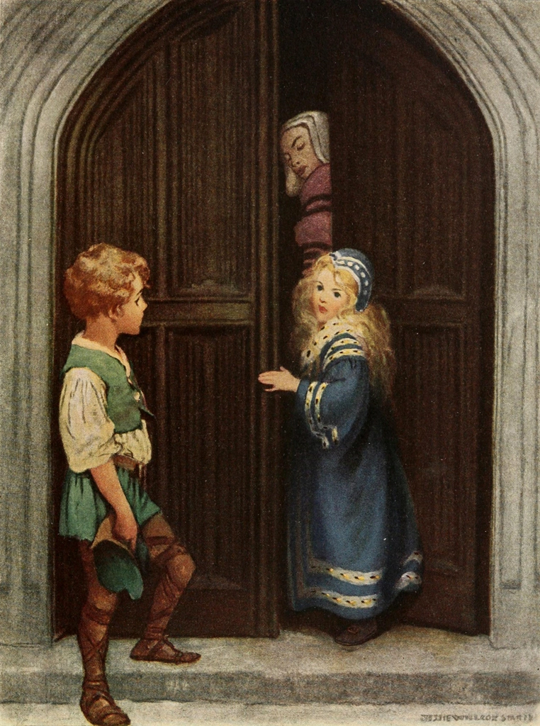 「お姫さまとゴブリンの物語 挿絵 #3 （「気にしないで、アイリーン姫」と彼は言った。しかし約束は破ってはいけない。「今夜は私にキスしてはいけない。また別の時に参ります」）」 ジェシー・ウィルコックス・スミス | 1