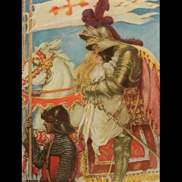 「お姫さまとゴブリンの物語 挿絵 #4 （一瞬のうちに彼女は鞍の上に乗り、彼の大きく力強い腕に抱きしめられた。）」 ジェシー・ウィルコックス・スミス