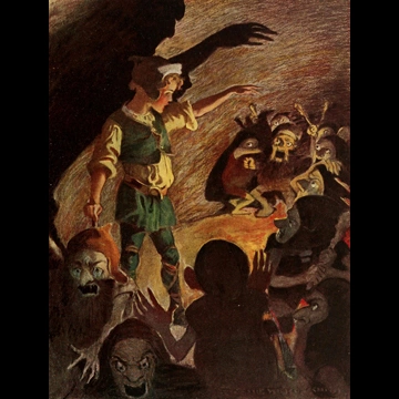 「お姫さまとゴブリンの物語 挿絵 #6 （彼が歌い始めるとゴブリンは少し下がり、その歌の間ずっと恐ろしいしかめ面をしていた。）」 ジェシー・ウィルコックス・スミス