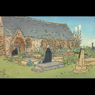 「ブルターニュ風景 ペロス＝ギレック村の墓場と教会」 アンリ・リヴィエール （1891年）