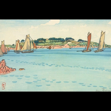 「ブルターニュ風景 ボワ島の沖合いに浮かぶガバレ船（ロギヴィ）」 アンリ・リヴィエール （1891年）