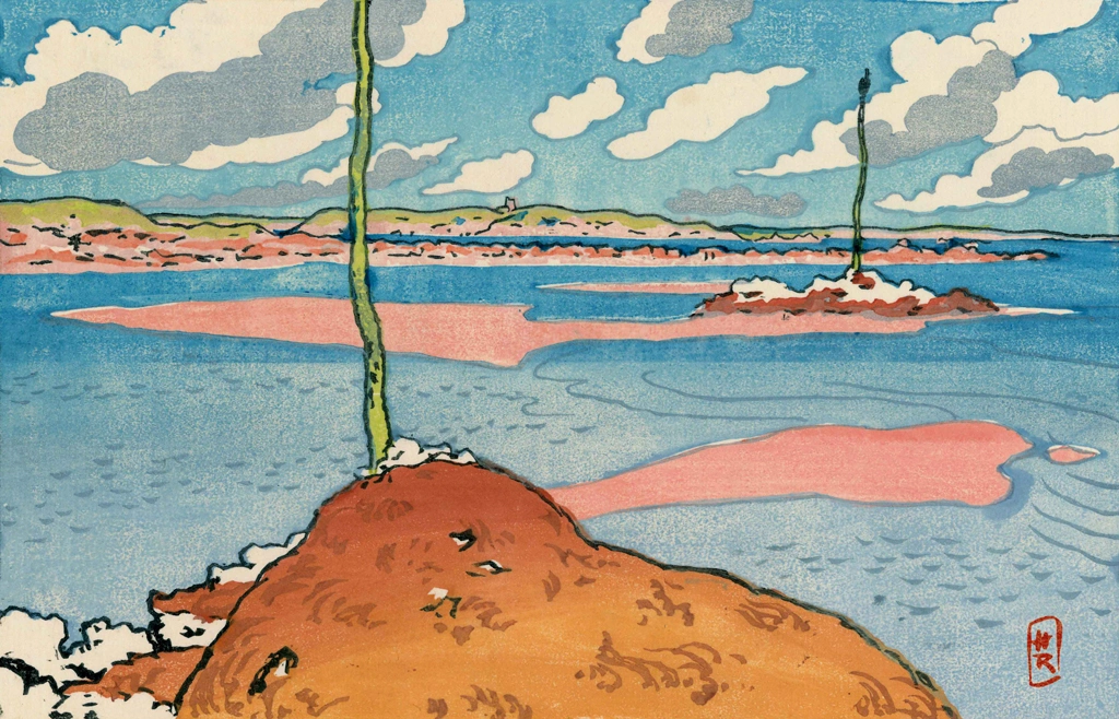 「ブルターニュ風景 干潮時のチェリュエット灯台 （サン＝ブリアック）」 アンリ・リヴィエール （1890年） | 2