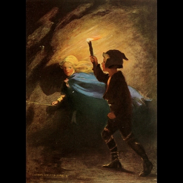 「お姫さまとゴブリンの物語 挿絵 #7 （カーディーは松明をちらちらさせながら、彼女の後を追っていった。）」 ジェシー・ウィルコックス・スミス