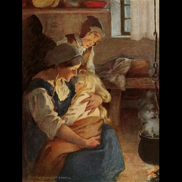 「お姫さまとゴブリンの物語 挿絵 #8 （暖炉のそばに彼の母親が腰かけ、その腕の中には王女がぐっすり眠っていた。）」 ジェシー・ウィルコックス・スミス