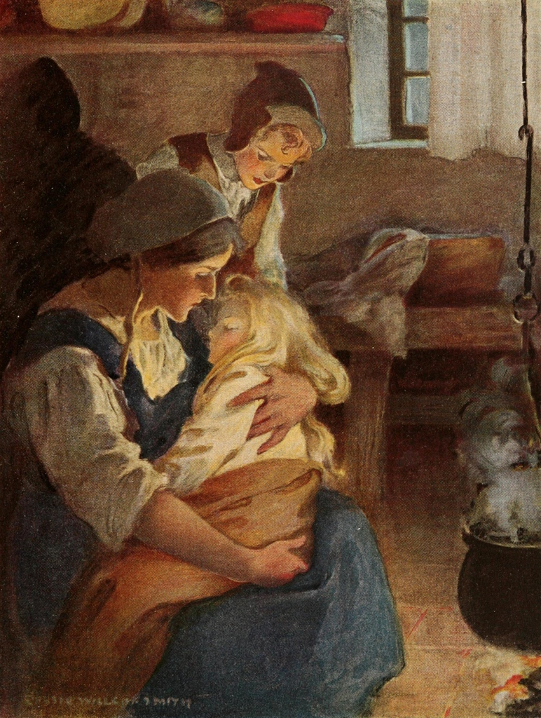 「お姫さまとゴブリンの物語 挿絵 #8 （暖炉のそばに彼の母親が腰かけ、その腕の中には王女がぐっすり眠っていた。）」 ジェシー・ウィルコックス・スミス | 1