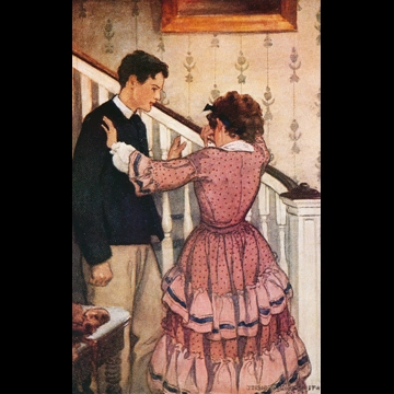 「若草物語 挿絵 #4 （手すりを持って、彼女は彼をそっと追い払った）」 ジェシー・ウィルコックス・スミス