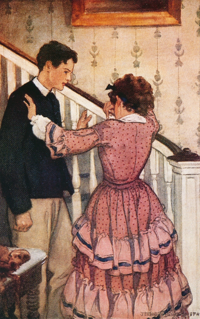 「若草物語 挿絵 #4 （手すりを持って、彼女は彼をそっと追い払った）」 ジェシー・ウィルコックス・スミス | Jessie Willcox Smith: American Illustratorより