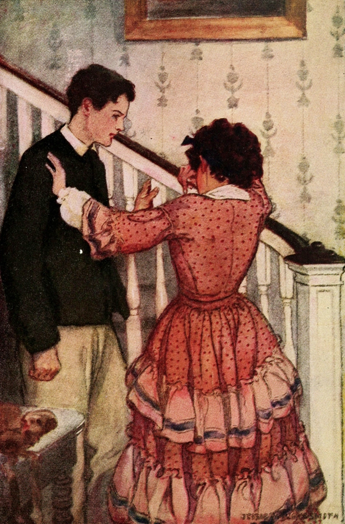 「若草物語 挿絵 #4 （手すりを持って、彼女は彼をそっと追い払った）」 ジェシー・ウィルコックス・スミス | 2