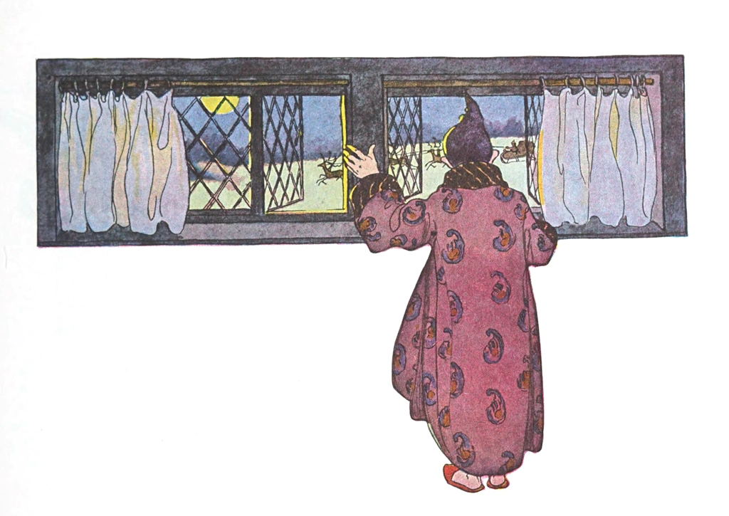 「クリスマスのまえのばん 挿絵 #4 （驚いた私の目に現れたのは、小さなソリと8頭の小さなトナカイだった）」 ジェシー・ウィルコックス・スミス | 1