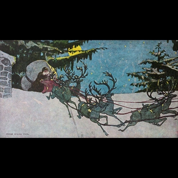 「クリスマスのまえのばん 挿絵 #5 （屋根を上って壁を上って 行くぞ行くぞ そら行くぞ！）」 ジェシー・ウィルコックス・スミス