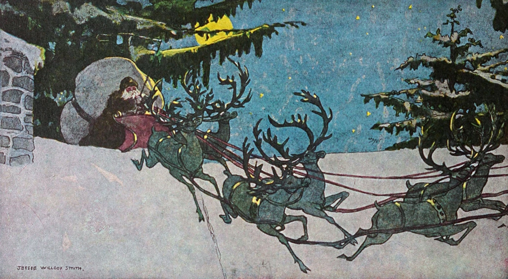 「クリスマスのまえのばん 挿絵 #5 （屋根を上って壁を上って 行くぞ行くぞ そら行くぞ！）」 ジェシー・ウィルコックス・スミス | 左