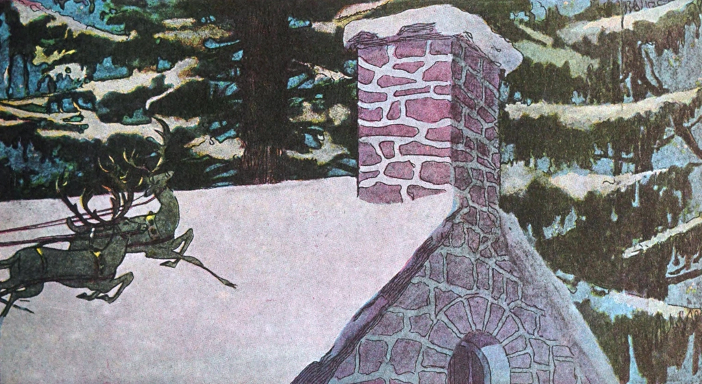 「クリスマスのまえのばん 挿絵 #5 （屋根を上って壁を上って 行くぞ行くぞ そら行くぞ！）」 ジェシー・ウィルコックス・スミス | 右