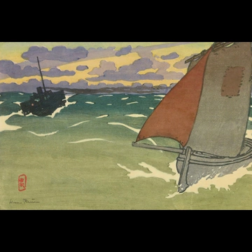 「ブルターニュ風景 小舟と蒸気船（サン＝ブリアック）」 アンリ・リヴィエール （1890年）