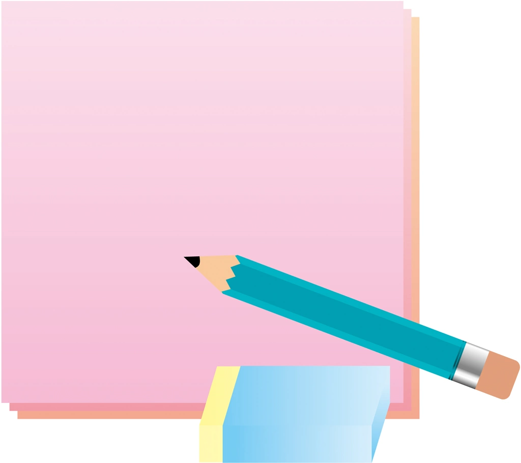 4種類の鉛筆と消しゴムとメモ用紙のイラストとベクター | ピンク色