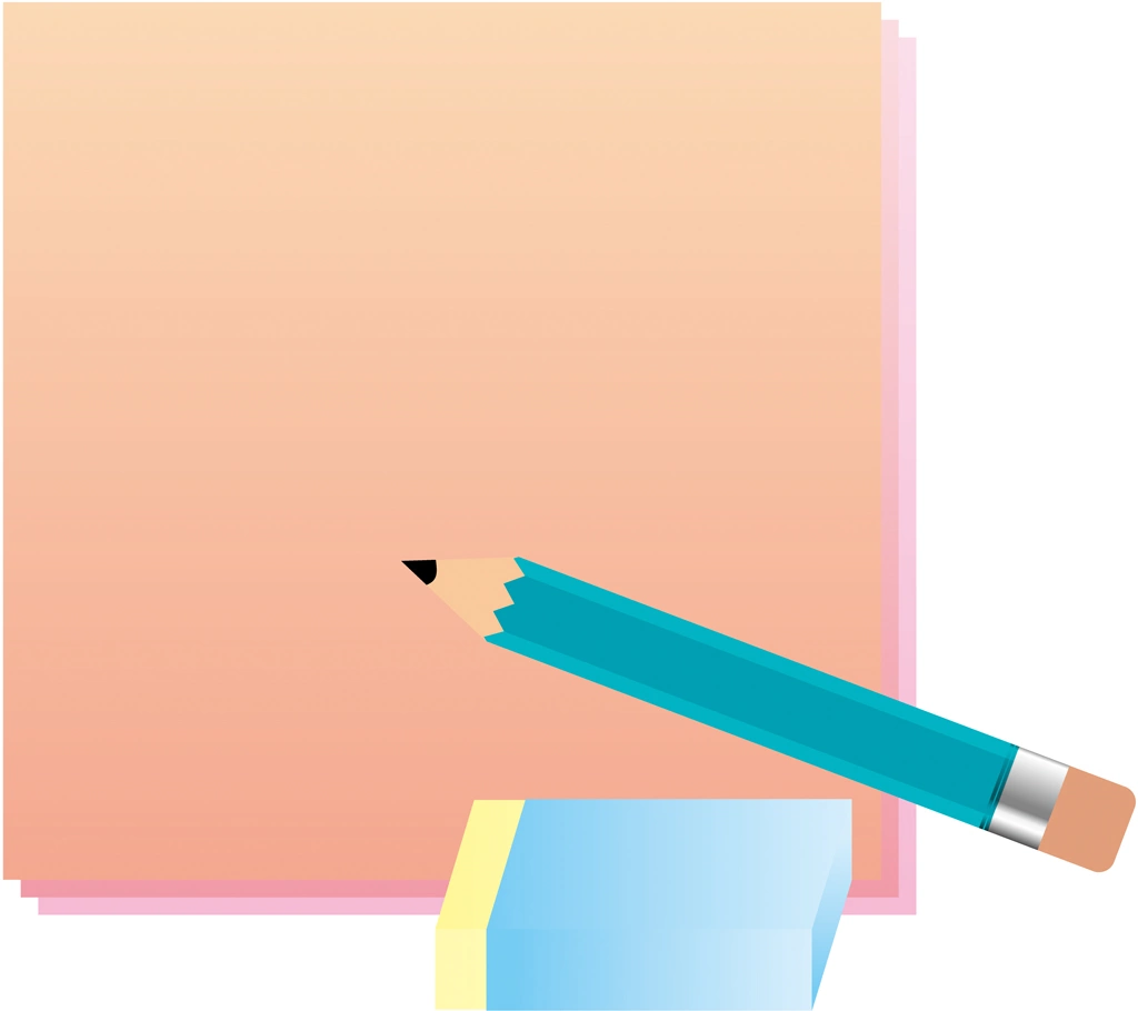 4種類の鉛筆と消しゴムとメモ用紙のイラストとベクター | オレンジ色