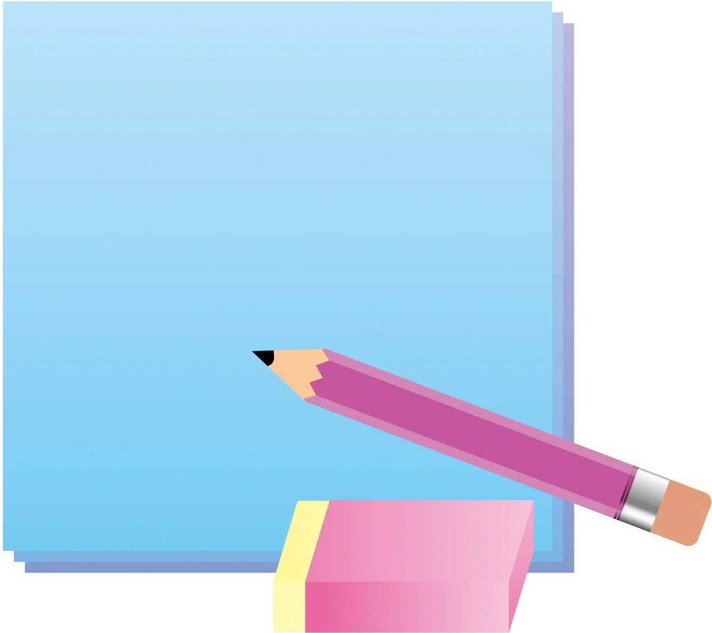 4種類の鉛筆と消しゴムとメモ用紙のイラストとベクター | 水色