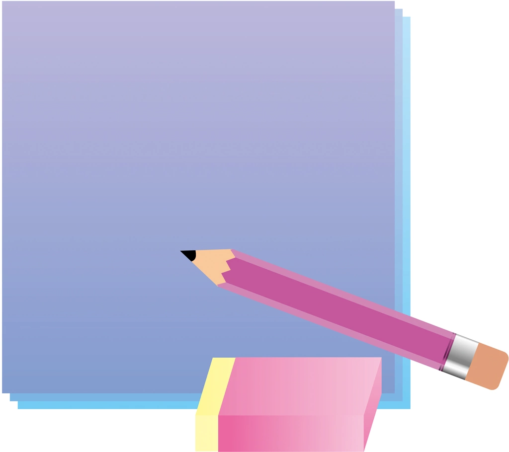 4種類の鉛筆と消しゴムとメモ用紙のイラストとベクター | 紫色