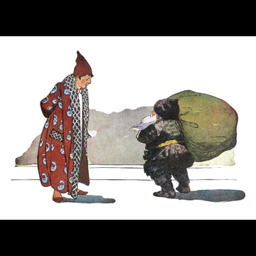 「クリスマスのまえのばん 挿絵 #6 （頭から足まで、すっぽり毛皮を身にまとい、服は灰と煤にまみれていた。）」 ジェシー・ウィルコックス・スミス