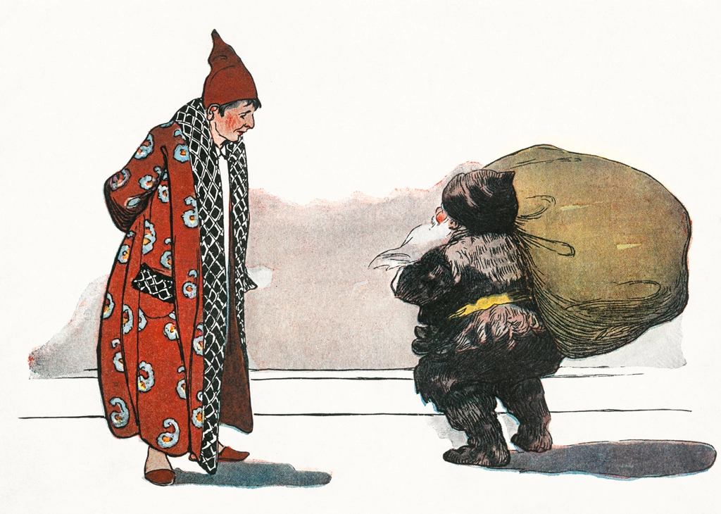 「クリスマスのまえのばん 挿絵 #6 （頭から足まで、すっぽり毛皮を身にまとい、服は灰と煤にまみれていた。）」 ジェシー・ウィルコックス・スミス | 2