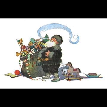 「クリスマスのまえのばん 挿絵 #8 （しっかりくわえたパイプ）」 ジェシー・ウィルコックス・スミス