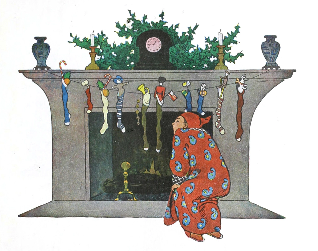 「クリスマスのまえのばん 挿絵 #10 （ひとつうなずくと、煙突をよじのぼっていった。）」 ジェシー・ウィルコックス・スミス | 1