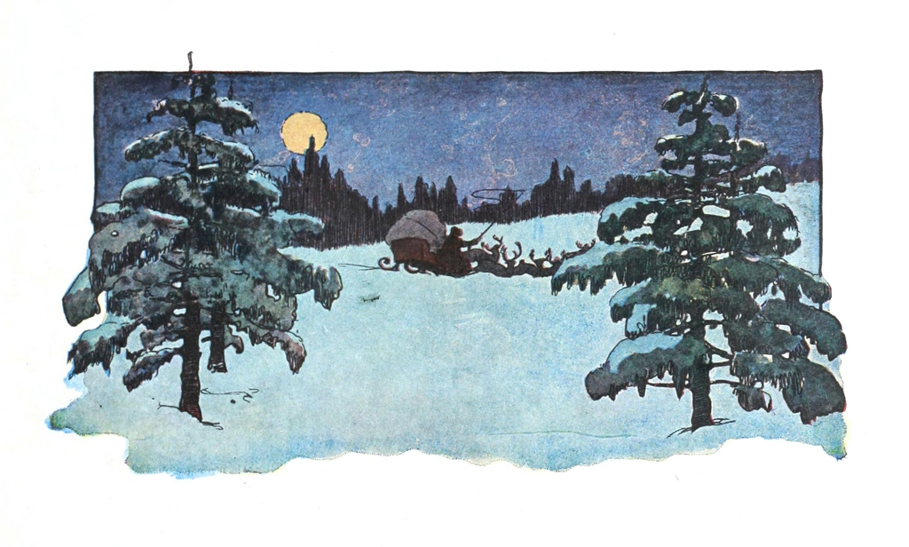 「クリスマスのまえのばん 挿絵 #11 （橇にとびのると、トナカイたちに口笛を吹き、アザミの綿毛みたいにとんでいった。）」 ジェシー・ウィルコックス・スミス | 1