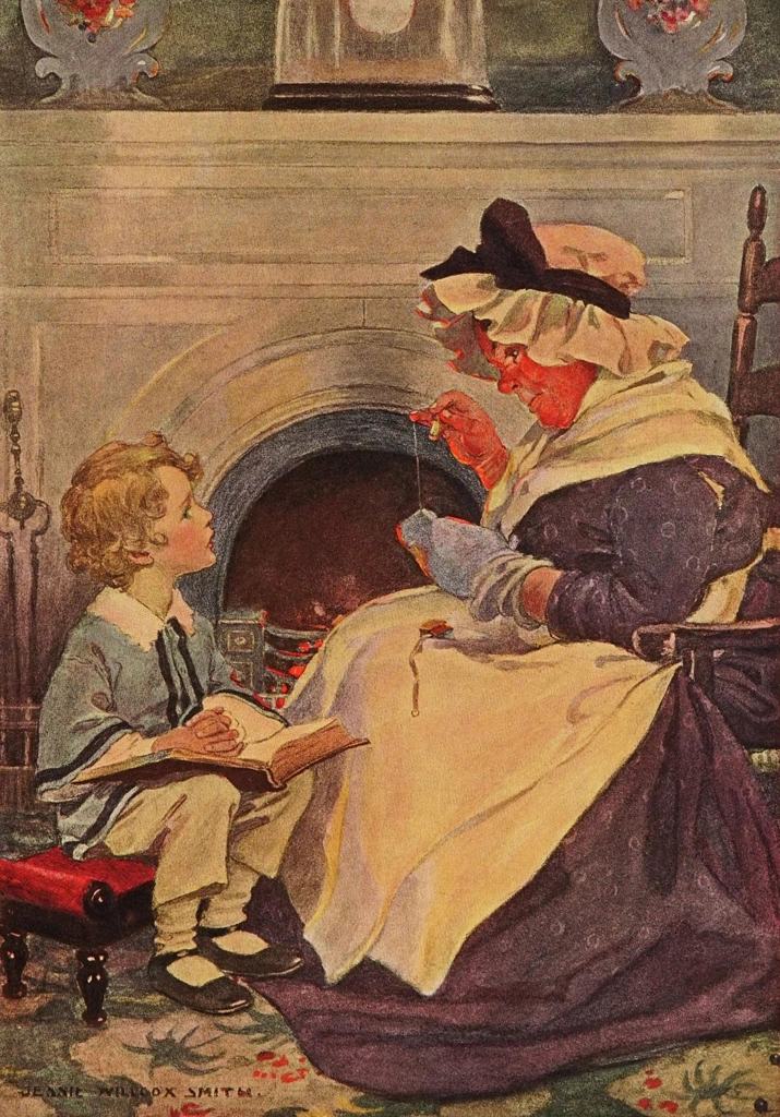 「居間の暖炉のそばのデイヴィッド・コパフィールドとペゴティ （デイヴィッド・コパフィールド）」 ジェシー・ウィルコックス・スミス | ディケンズの子供たちより