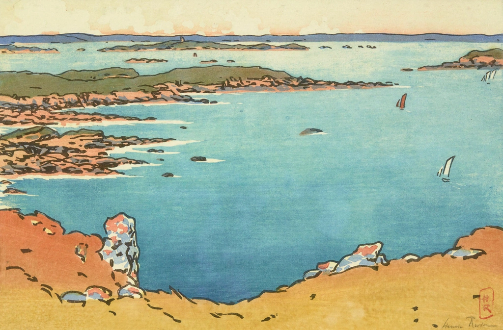 「ブルターニュ風景 ギャルド゠ゲランから望むポワント・ド・ラ・アイユ（サン＝ブリアック）」 アンリ・リヴィエール （1890年） | 1