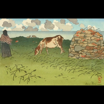 「ブルターニュ風景 女性と牛、ポワント・ド・ラ・アイユ（サン＝ブリアック）」 アンリ・リヴィエール （1890年）