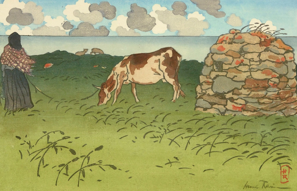 「ブルターニュ風景 女性と牛、ポワント・ド・ラ・アイユ（サン＝ブリアック）」 アンリ・リヴィエール （1890年） | 1