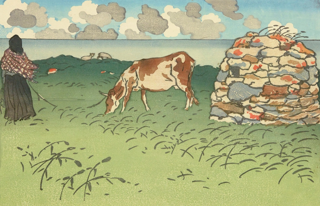 「ブルターニュ風景 女性と牛、ポワント・ド・ラ・アイユ（サン＝ブリアック）」 アンリ・リヴィエール （1890年） | 2