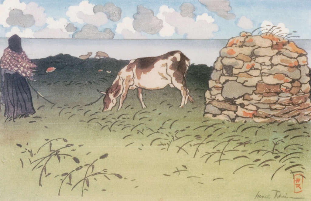 「ブルターニュ風景 女性と牛、ポワント・ド・ラ・アイユ（サン＝ブリアック）」 アンリ・リヴィエール （1890年） | フランスの浮世絵師 アンリ・リヴィエール展より