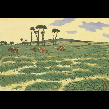 「ブルターニュ風景 ガルド・ゲランの牧草地で草を食む牛たち（サン＝ブリアック）」 アンリ・リヴィエール （1890年）