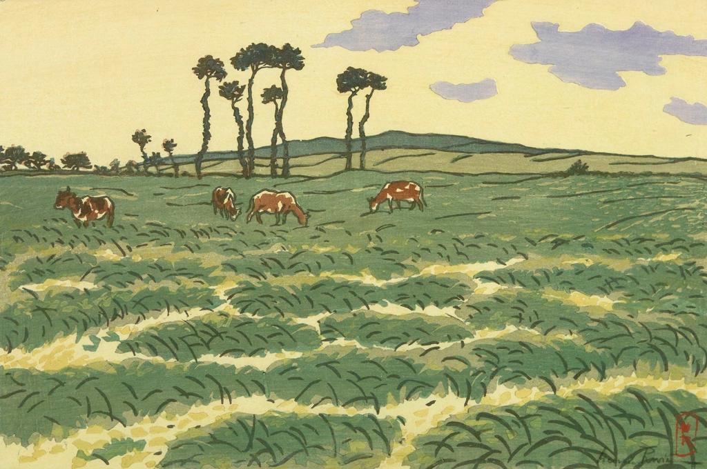 「ブルターニュ風景 ガルド・ゲランの牧草地で草を食む牛たち（サン＝ブリアック）」 アンリ・リヴィエール （1890年） | 1