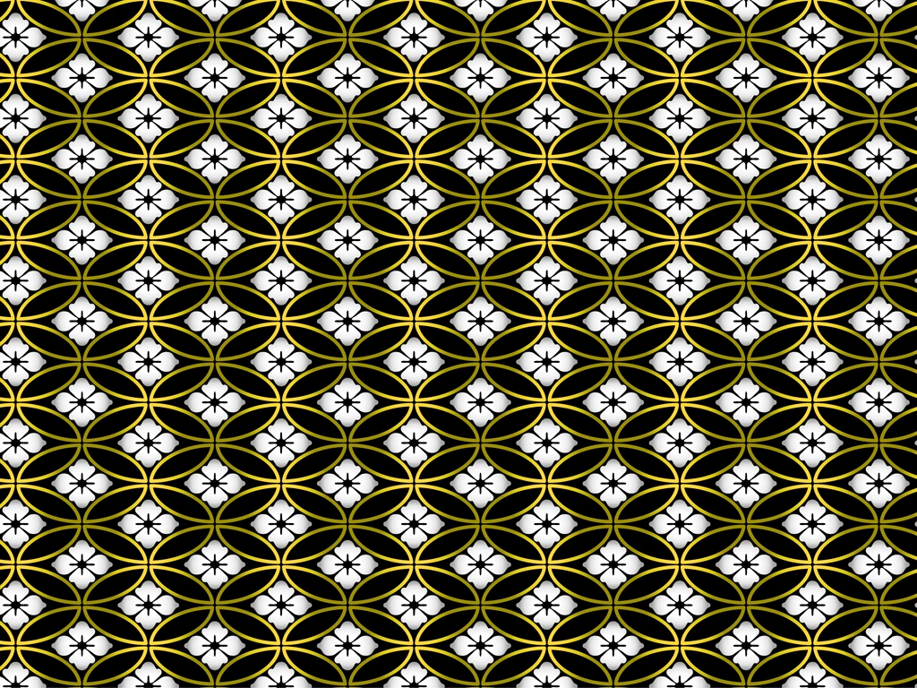 6種類の七宝と花菱文様の背景イラストとベクター | 黒色と白色と金色