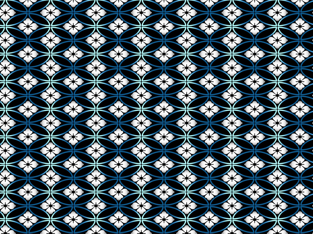 6種類の七宝と花菱文様の背景イラストとベクター | 黒色と白色と青色