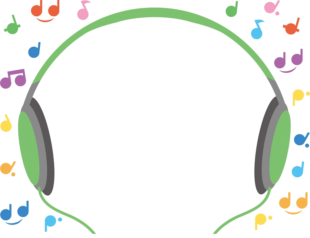 6種類のヘッドフォンとカラフルな音符の背景イラストとベクター | 緑色